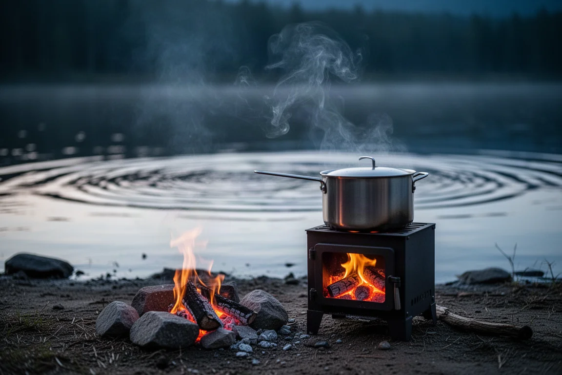 Réchaud à combustible solide brûlant sous une casserole près d'un camp au bord d'un lac au crépuscule