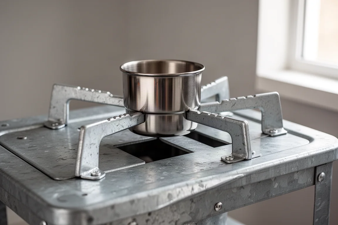 Gros plan des bras supports de casserole du réchaud avec une tasse en inox posée dessus