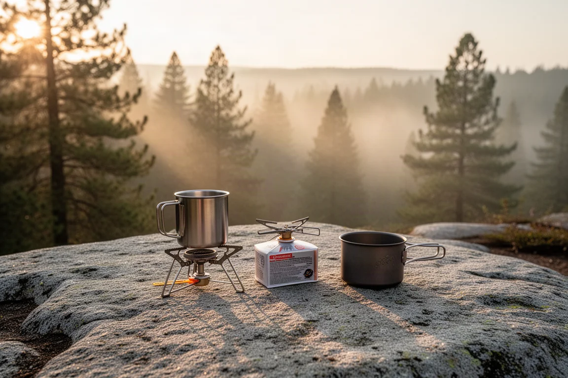 Kit de cuisine matinal au camping sur une dalle de granit avec des pins dans la brume