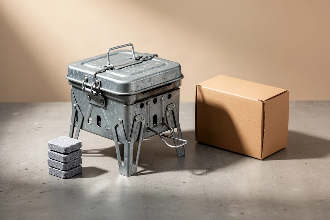 Folded galvanized steel solid fuel stove beside a stack of hexamine tablets on concrete