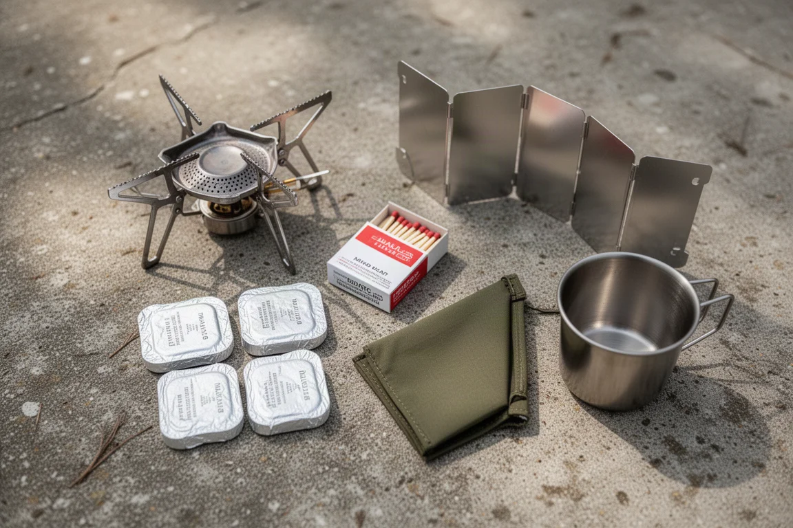 Overhead flat lay of a compact camping fuel kit on weathered concrete