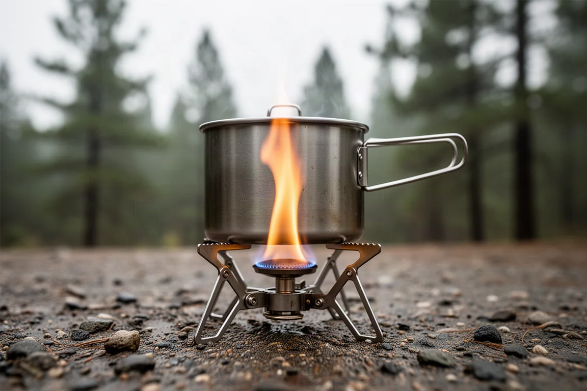 Compact flame rising from a folding camp stove to the base of a steel pot