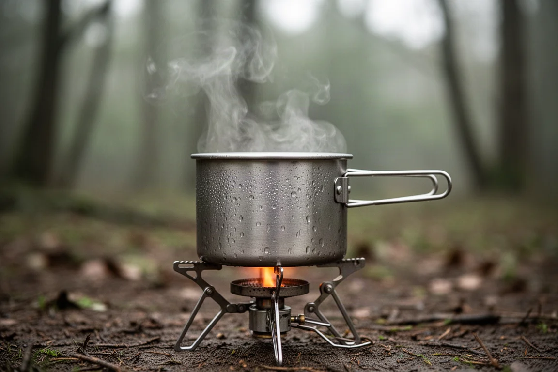 Steam rising from a stainless steel camping pot on a folding stove