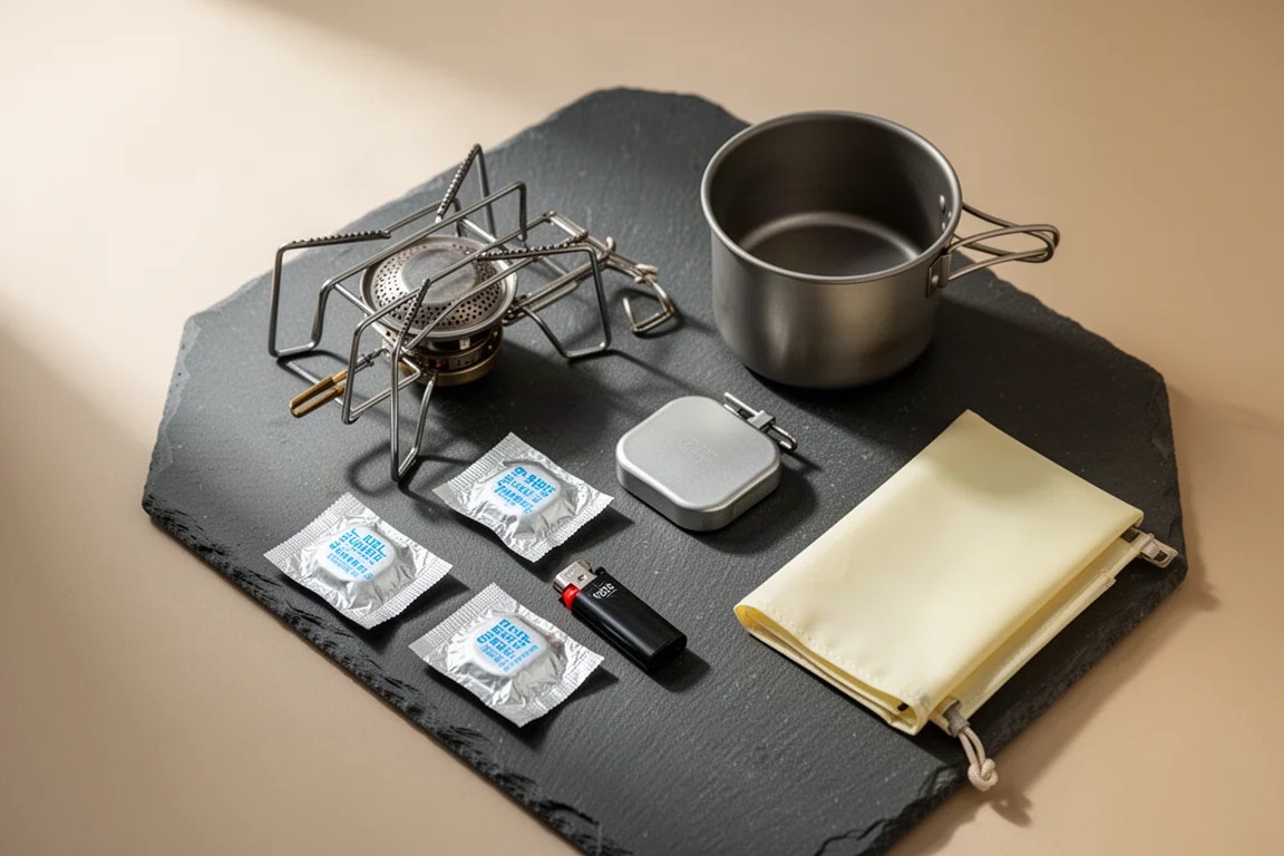 Emergency kit with stove, fuel tablets, lighter, and pot on slate