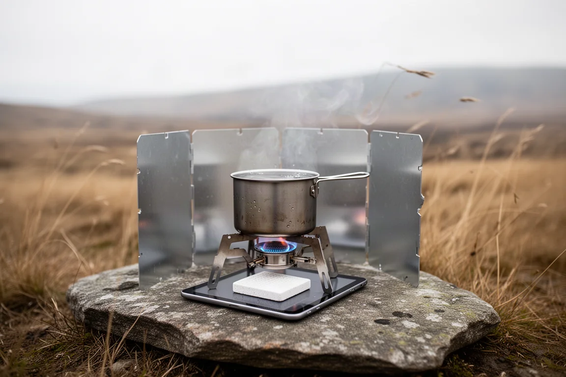 Mesa de campamento con un hornillo plegable de pastillas, olla metálica y envoltorios de combustible a la hora dorada