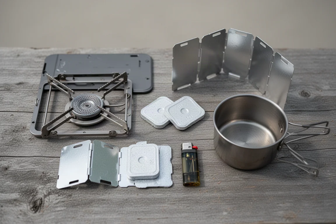 Pastillas de combustible envueltas en papel de aluminio, hornillo plegable y taza de titanio sobre una roca de granito