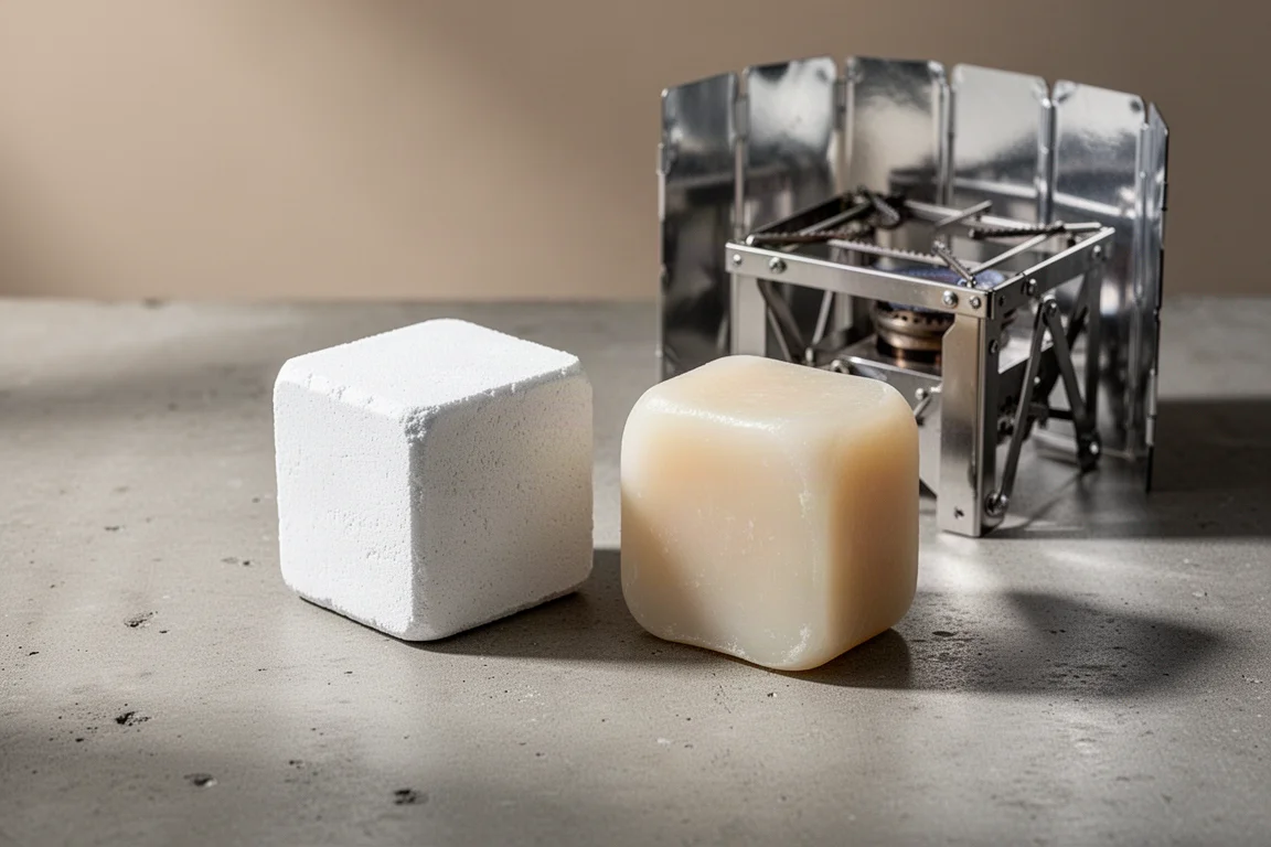 Two 27g solid fuel tablets with a folding tablet stove and windscreen on concrete
