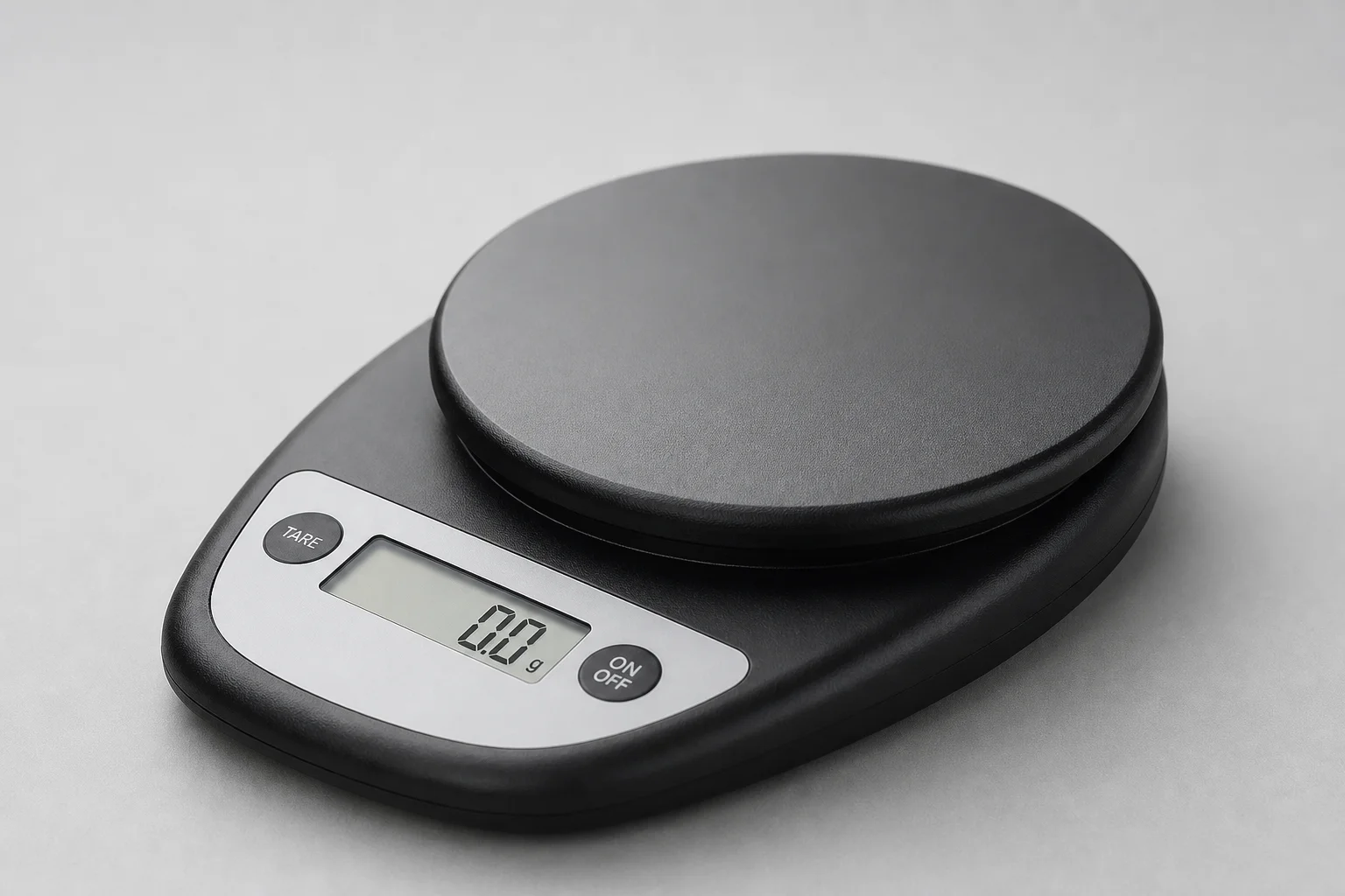 Seven kitchen scales arranged on concrete surface, ranging from budget to premium models