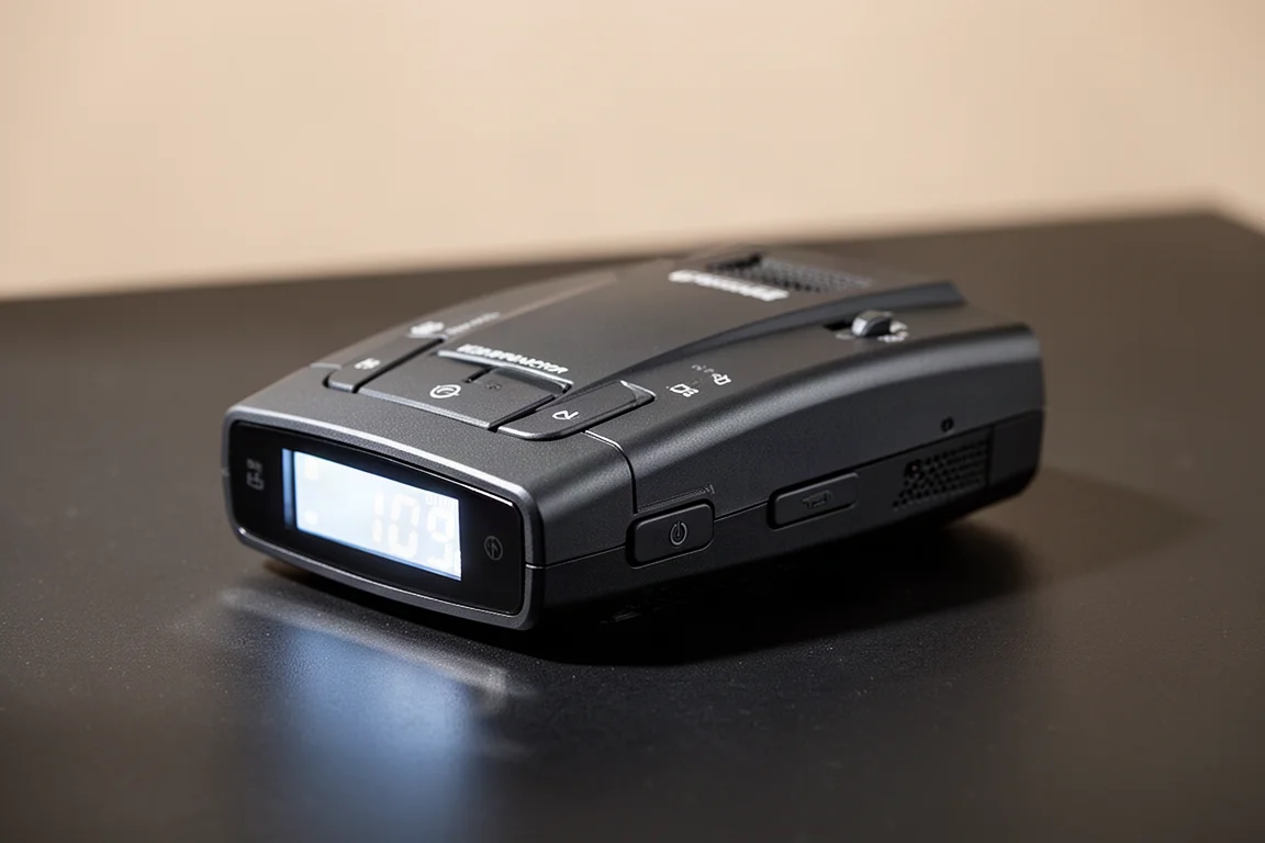 Collection of modern radar detectors on a matte concrete surface