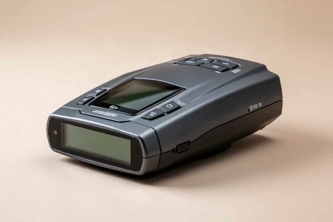 Collection of modern radar detectors on a matte concrete surface