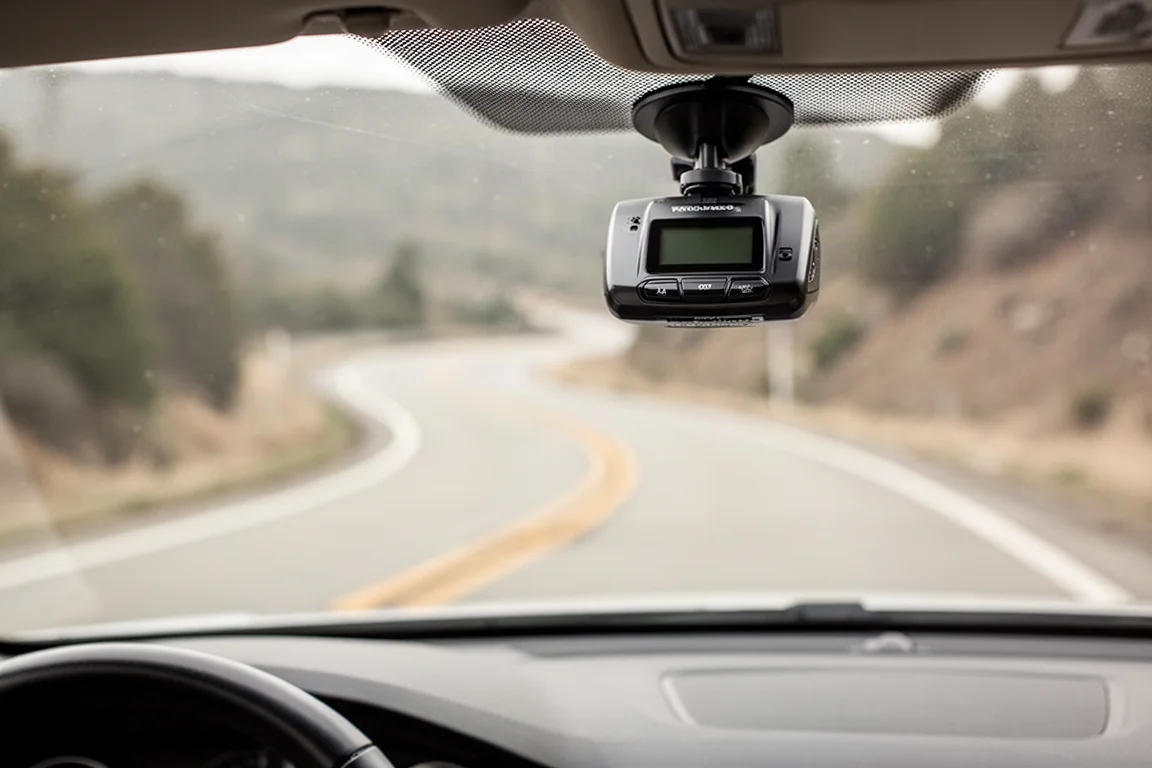Radar detector mounted on a windshield with a road ahead
