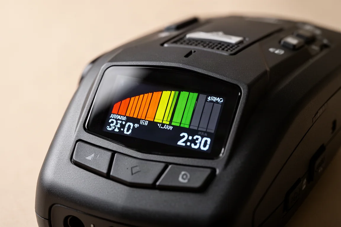 Close-up of a radar detector display showing signal strength