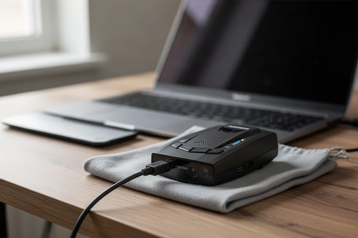 Radar detector connected to a laptop via USB cable