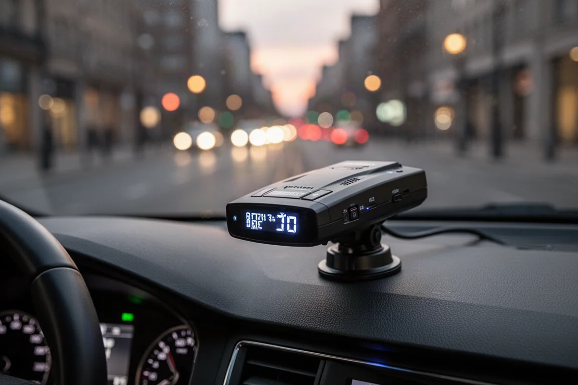 Radar detector mounted on a dashboard with a city street at dusk
