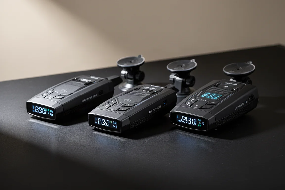 Lineup of Escort radar detectors on a matte black surface