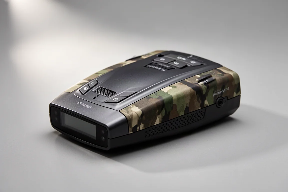 Collection of modern radar detectors on a matte concrete surface