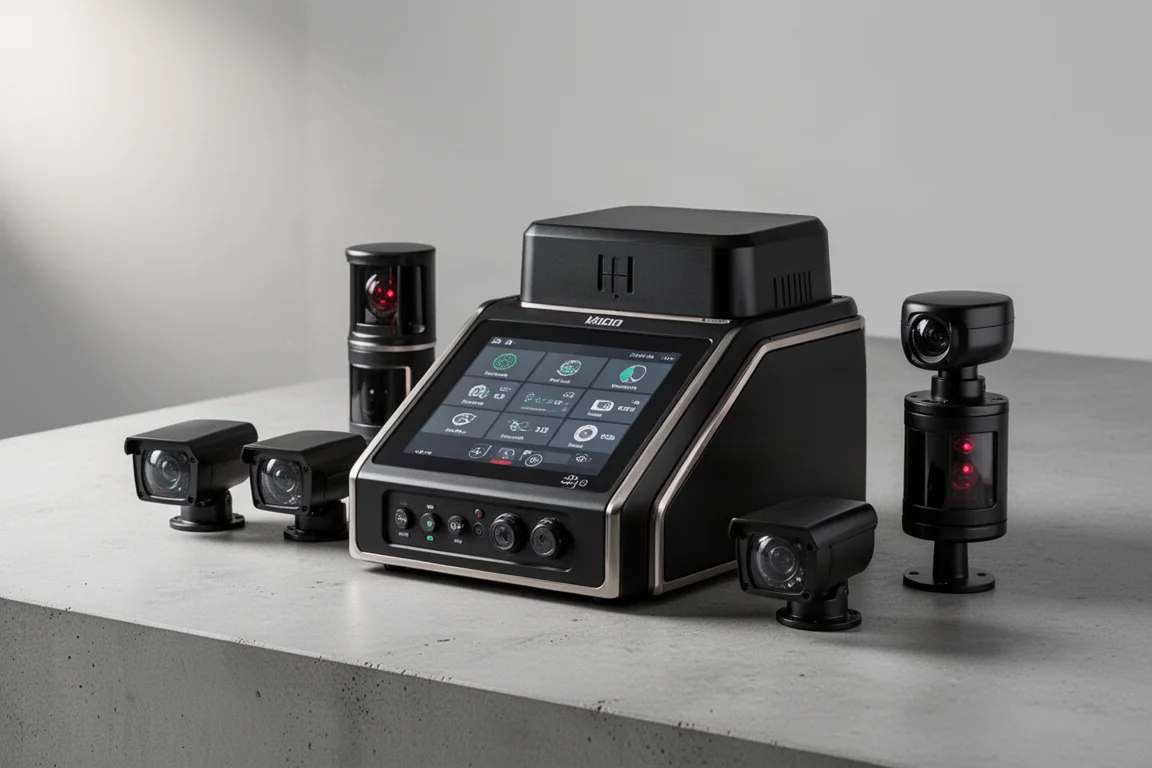 Five laser detection and jamming systems arranged on a concrete surface