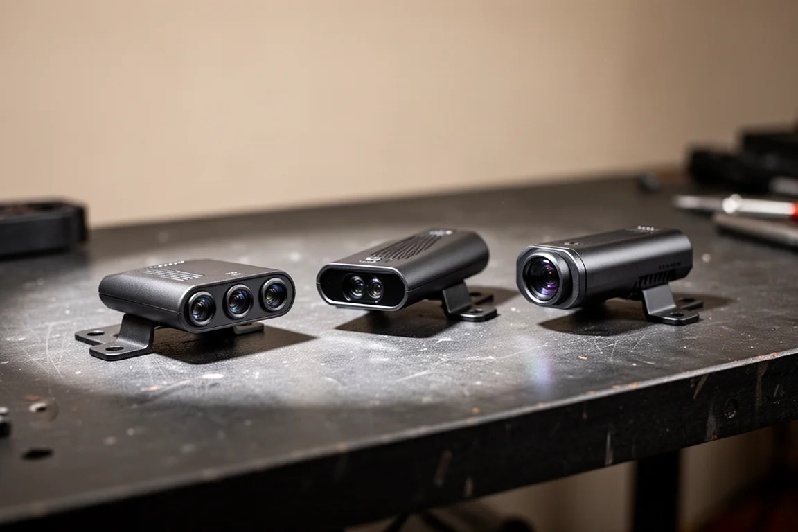 Three compact laser jammer heads with mounting brackets on a workbench