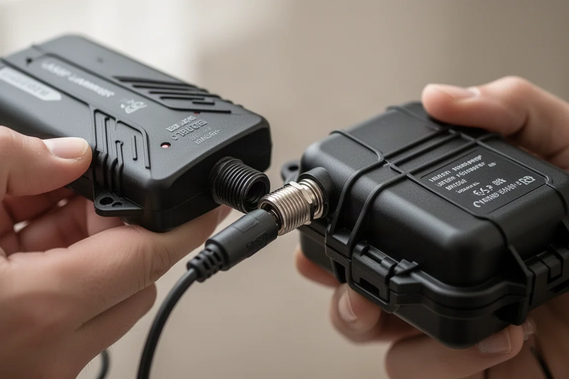 Close-up of a laser jammer head being connected to a waterproof bridge box