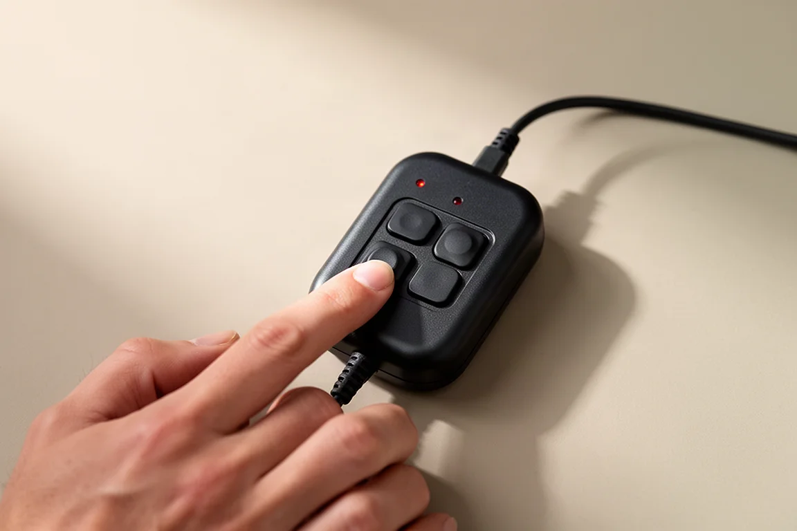 Hand pressing a button on a small wired controller unit