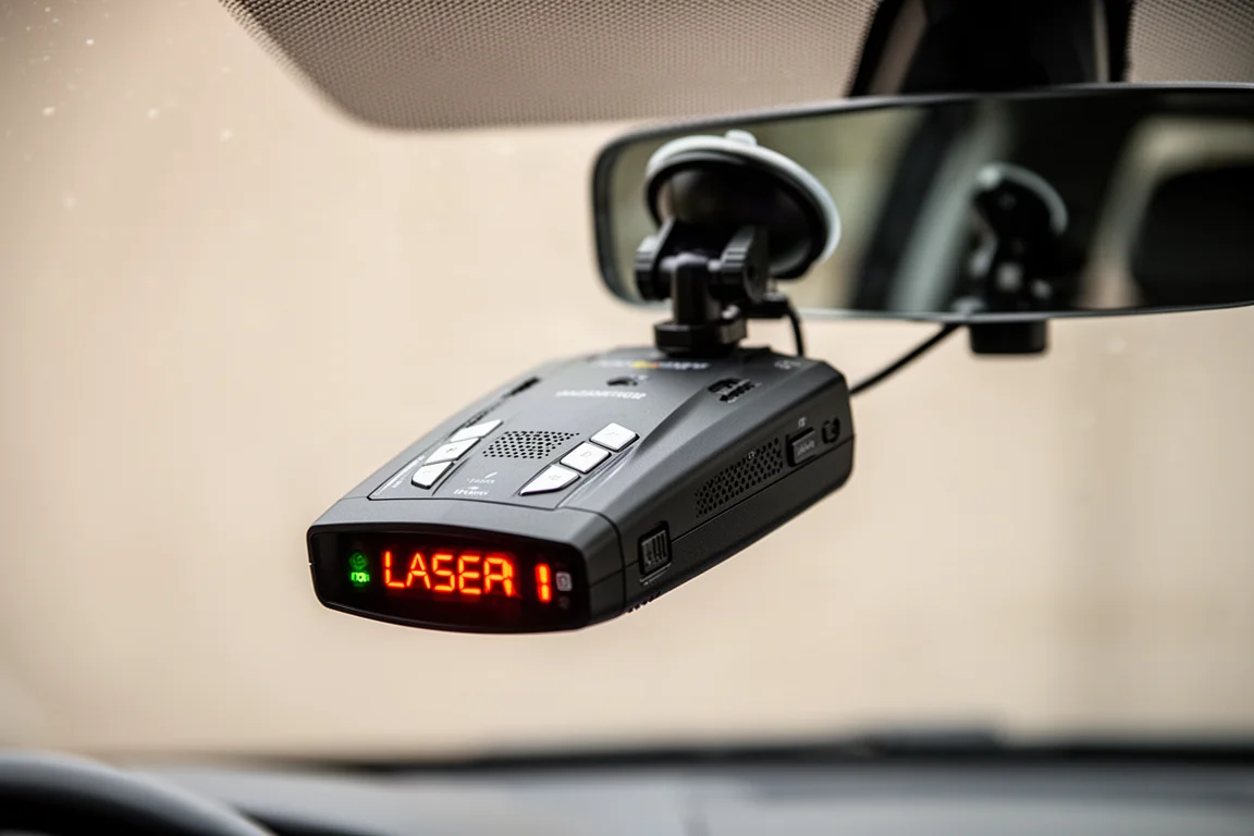 Windshield-mounted radar detector displaying a laser alert with red text