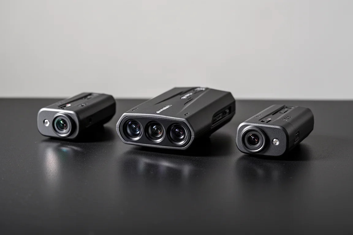Three compact Escort ZR6 laser jammer heads arranged on a matte black surface