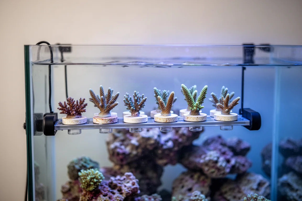 Reef frag tank seen from the front with a slim magnetic rack holding colorful coral frags