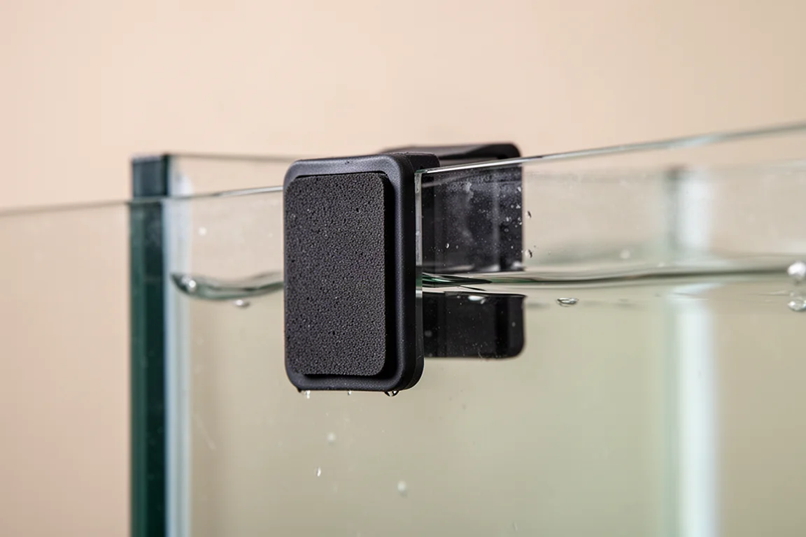 Close-up of a rubber padded magnet holding a frag rack flat against aquarium glass