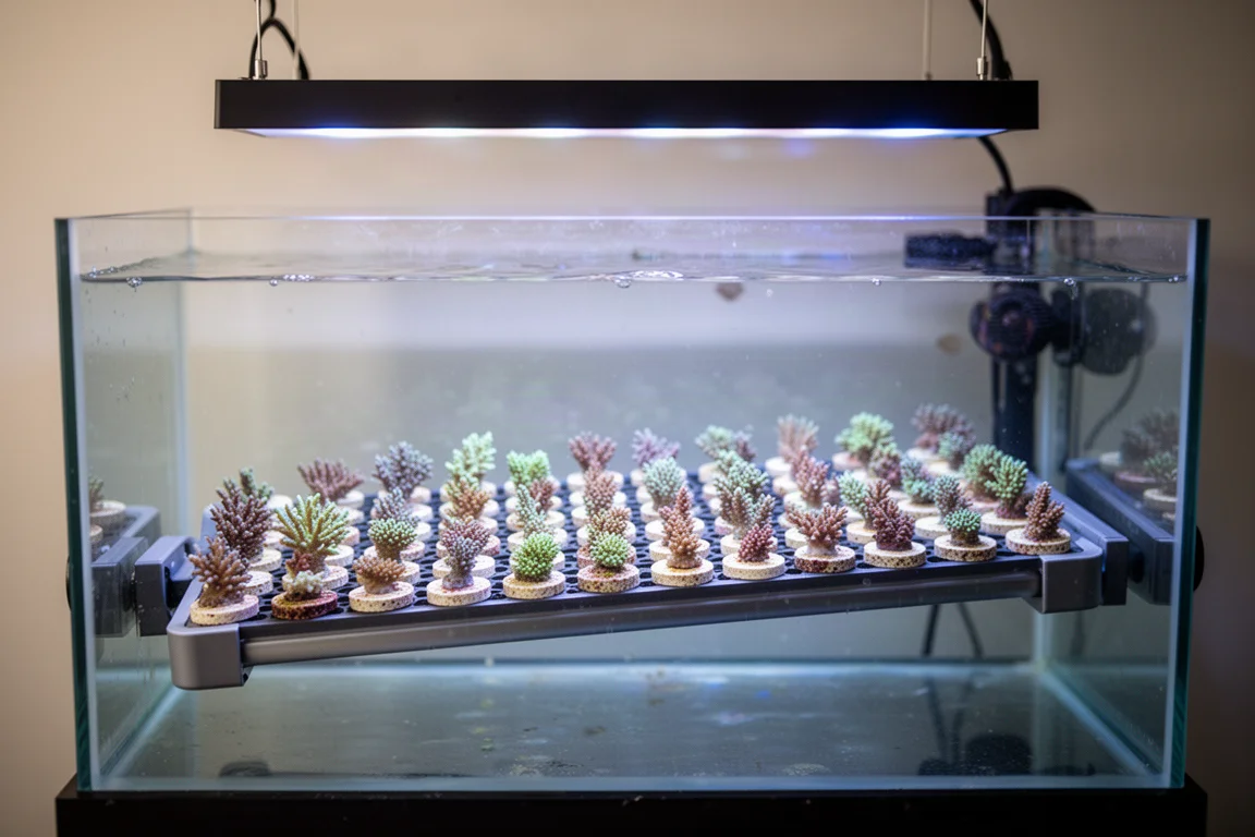 Long magnetic frag rack filled with rows of coral frag plugs inside a frag tank