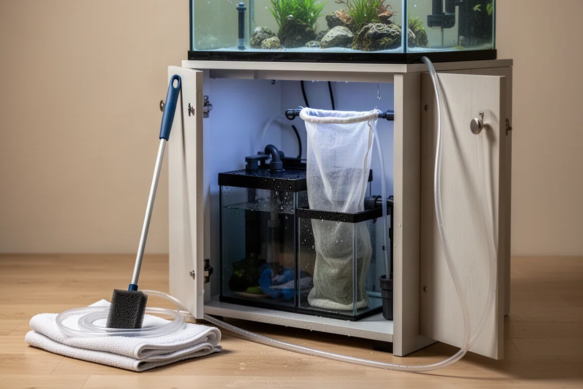開いたサンプキャビネットの横にあるメンテナンス工具とサイフォンチューブ