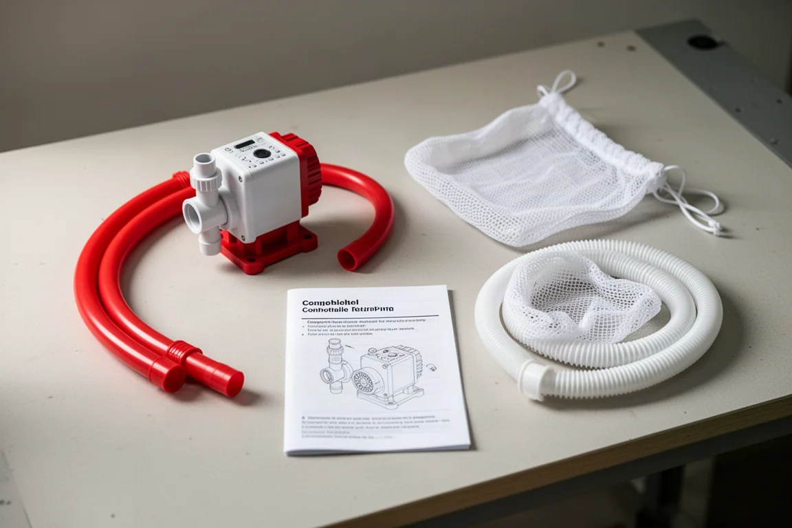 作業台に並べられたコンパクトなリターンポンプとドレインホースの継手
