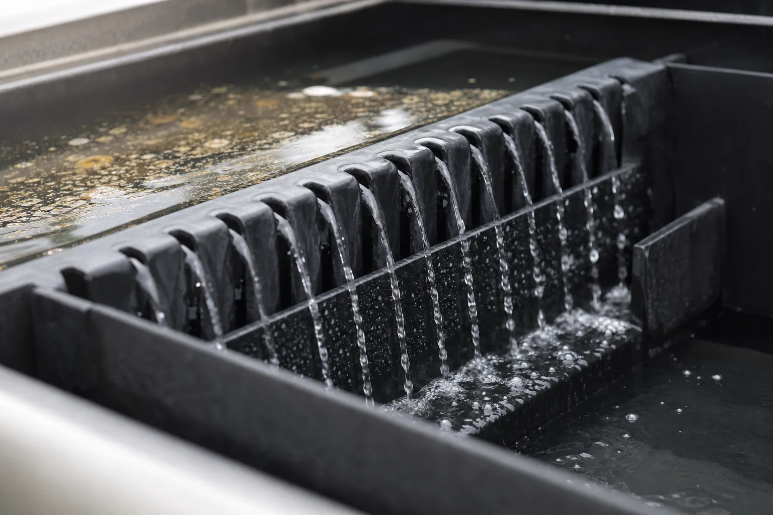 Close-up of overflow box internal weir with water surface skimming action