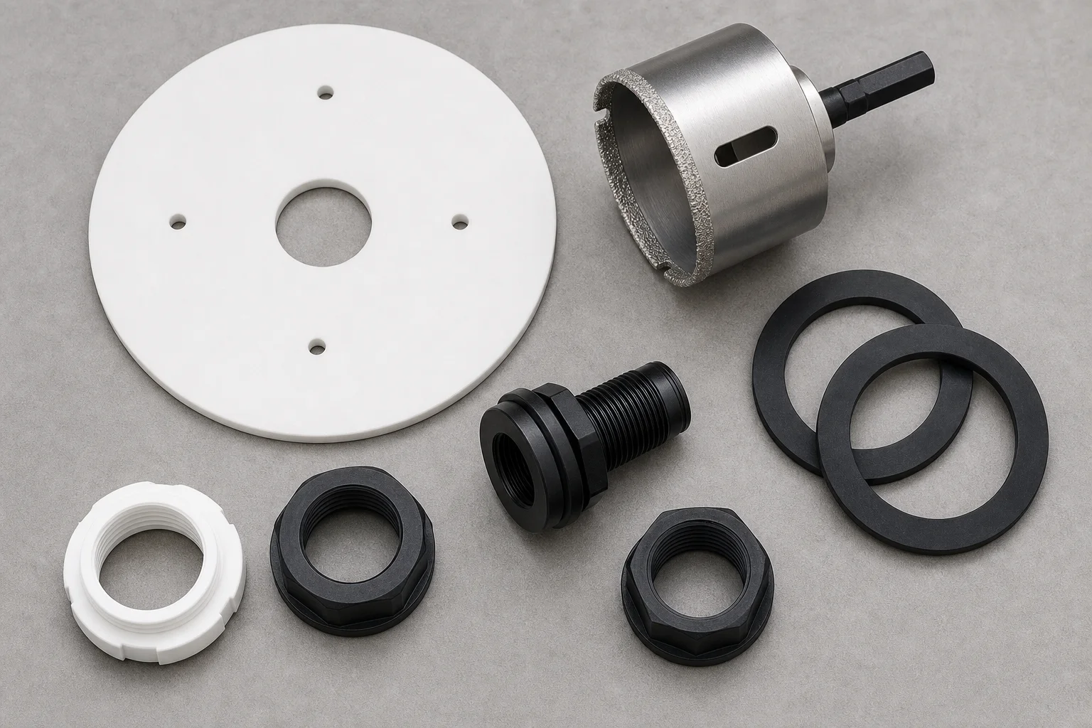 Aquarium drill template and diamond holesaw tools laid out on a work surface