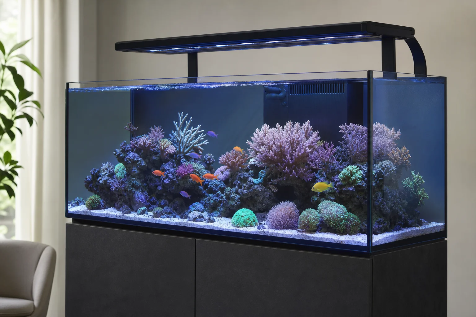 Completed aquarium setup with overflow box integrated into the display tank