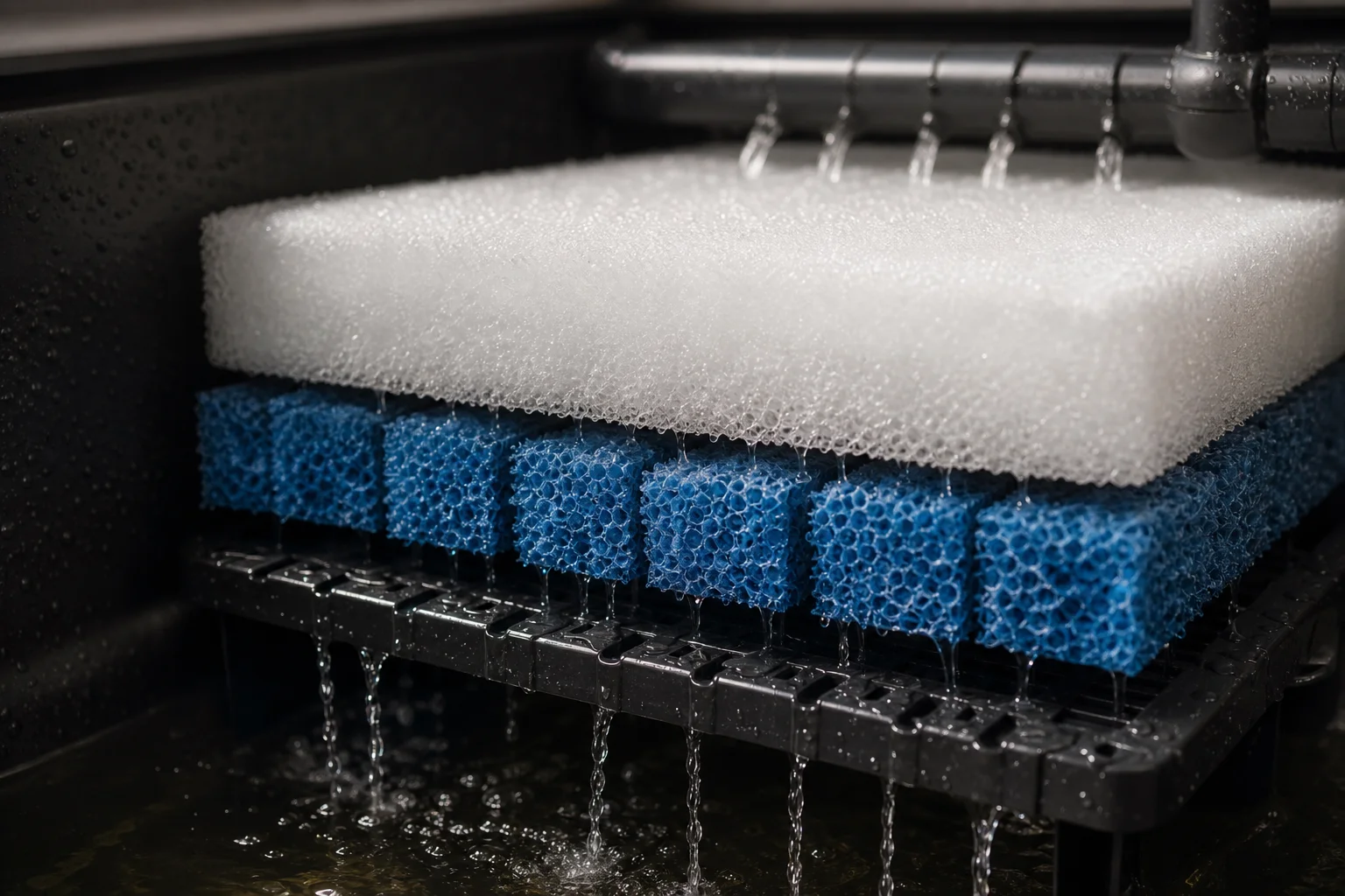 Innenansicht des Sumps mit geschichtetem weißem Schaumstoff und blauem Filtermedium auf der Tropfplatte