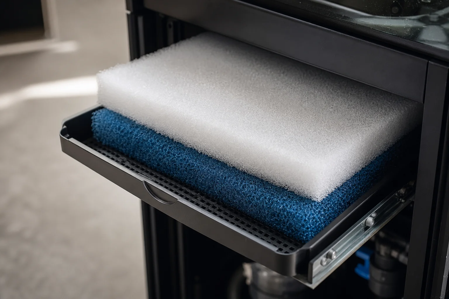 Nahaufnahme des ausziehbaren Filterfachs des Sumps mit weißem Schaumstoff und blauem Filtermedium
