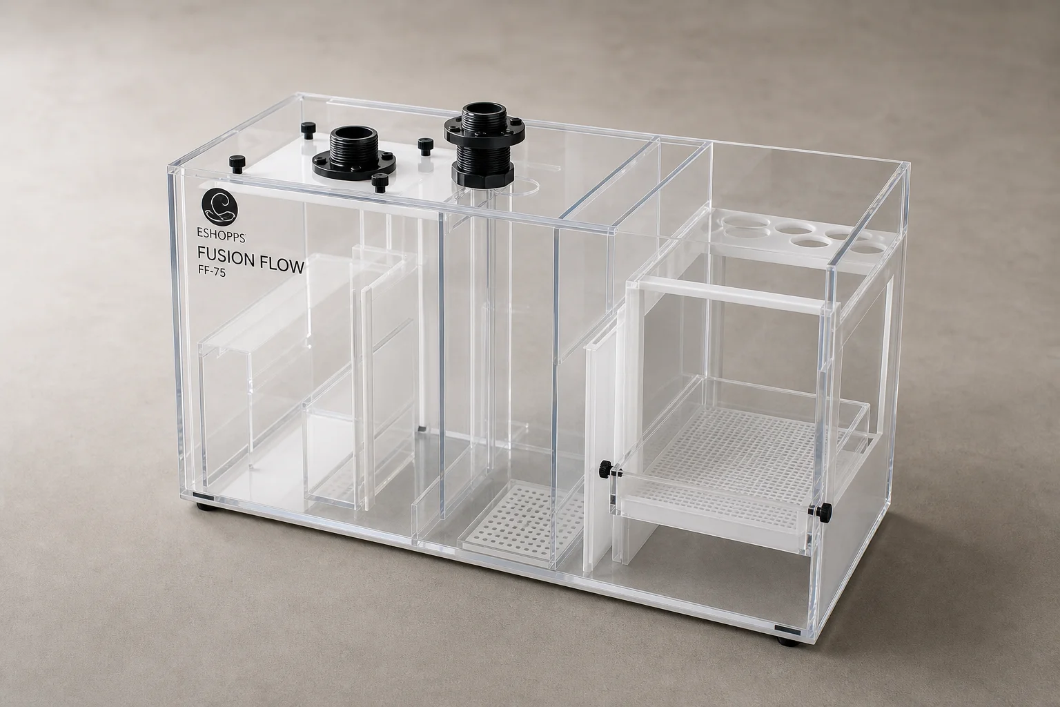 Eshopps Fusion Flow FF-75 sump with clear acrylic construction and slide-out filter tray