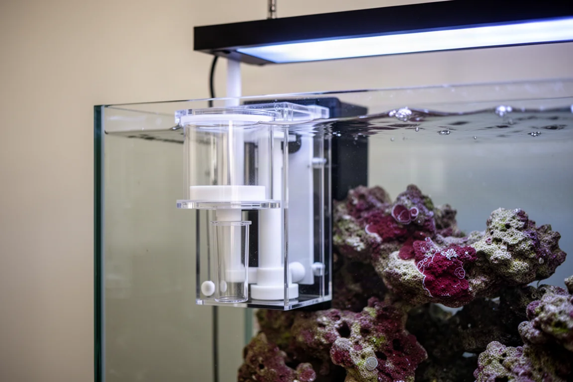 Skimmer interno compacto instalado na câmara traseira de um pequeno aquário recifal nano all-in-one