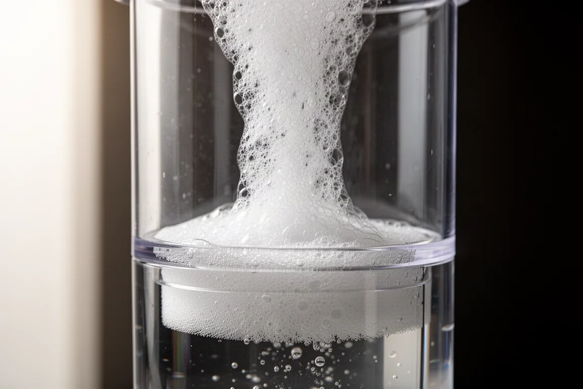 Close-up de uma cabeça de espuma densa subindo dentro do gargalo de um copo coletor de skimmer em acrílico transparente