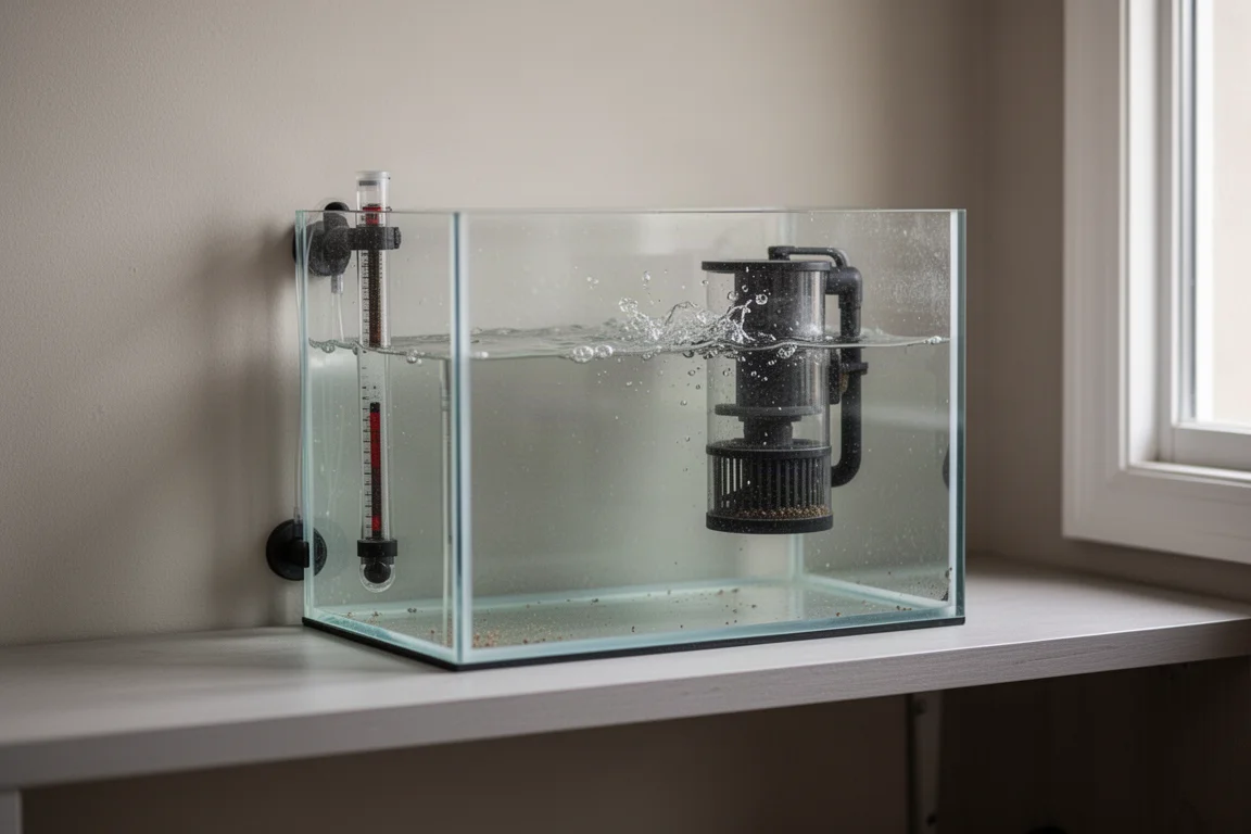Aquário de quarentena com fundo nu em uma prateleira com aquecedor e skimmer interno compacto