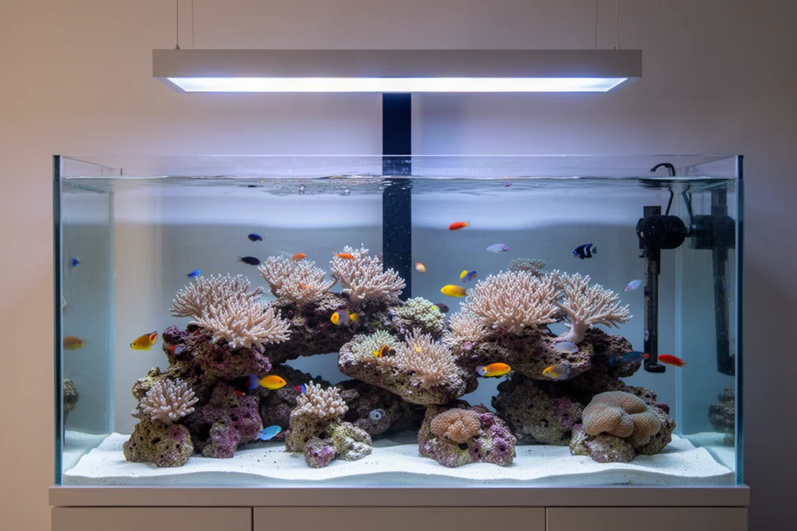 Riffaquarium mit Korallen und einem dünnen Überlaufwehr an der Rückwand