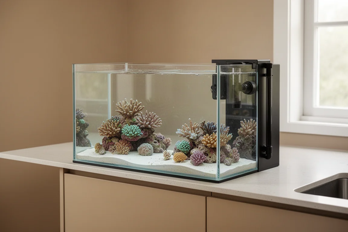 Kompaktes Nano-Peninsula-Aquarium auf einer Arbeitsplatte mit außen versteckter Technik