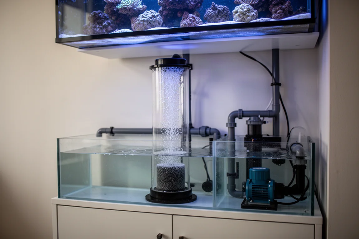 Intérieur d'un meuble sump d'aquarium avec un écumeur en fonctionnement et un éclairage bleu