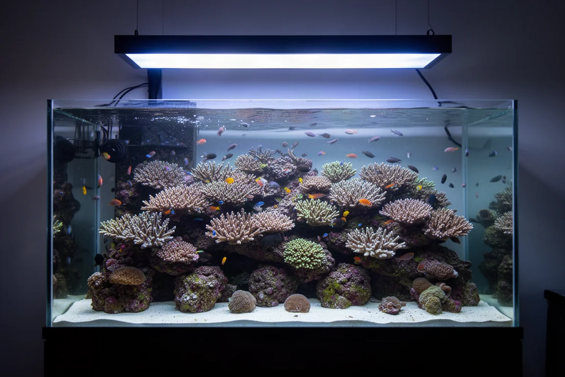 Aquarium récifal fortement peuplé, avec des coraux éclairés sous une lumière bleue et blanche