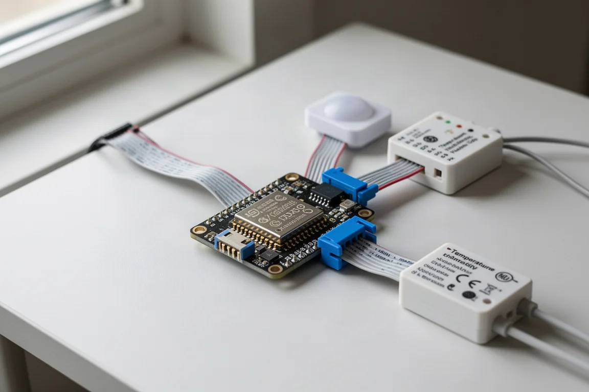 ESP32-C6-Mikrocontroller mit Flachbandkabeln, die auf einem Schreibtisch mit Sensormodulen verbunden sind