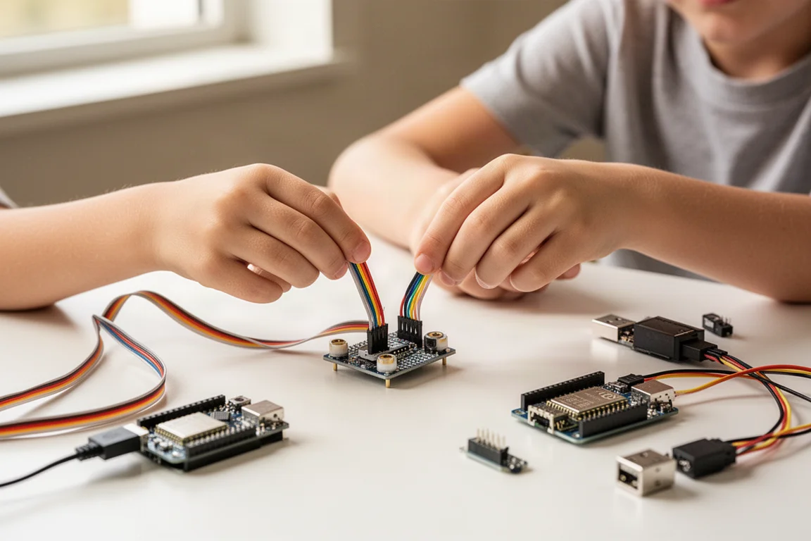 Kinderhände, die ein Flachbandkabel mit einem Sensormodul auf einem Schreibtisch verbinden