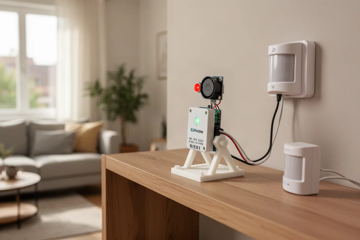 Zusammengebautes ESPHome-Sensormodul mit LED- und Summer-Modul auf einem Regal im Wohnzimmer