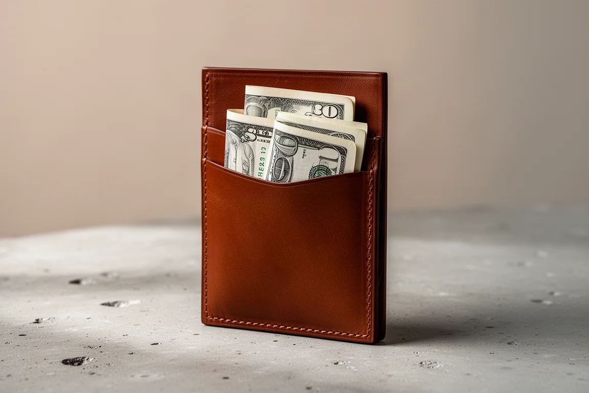 Minimalistische portemonnee met gevouwen geld in het voorste vak