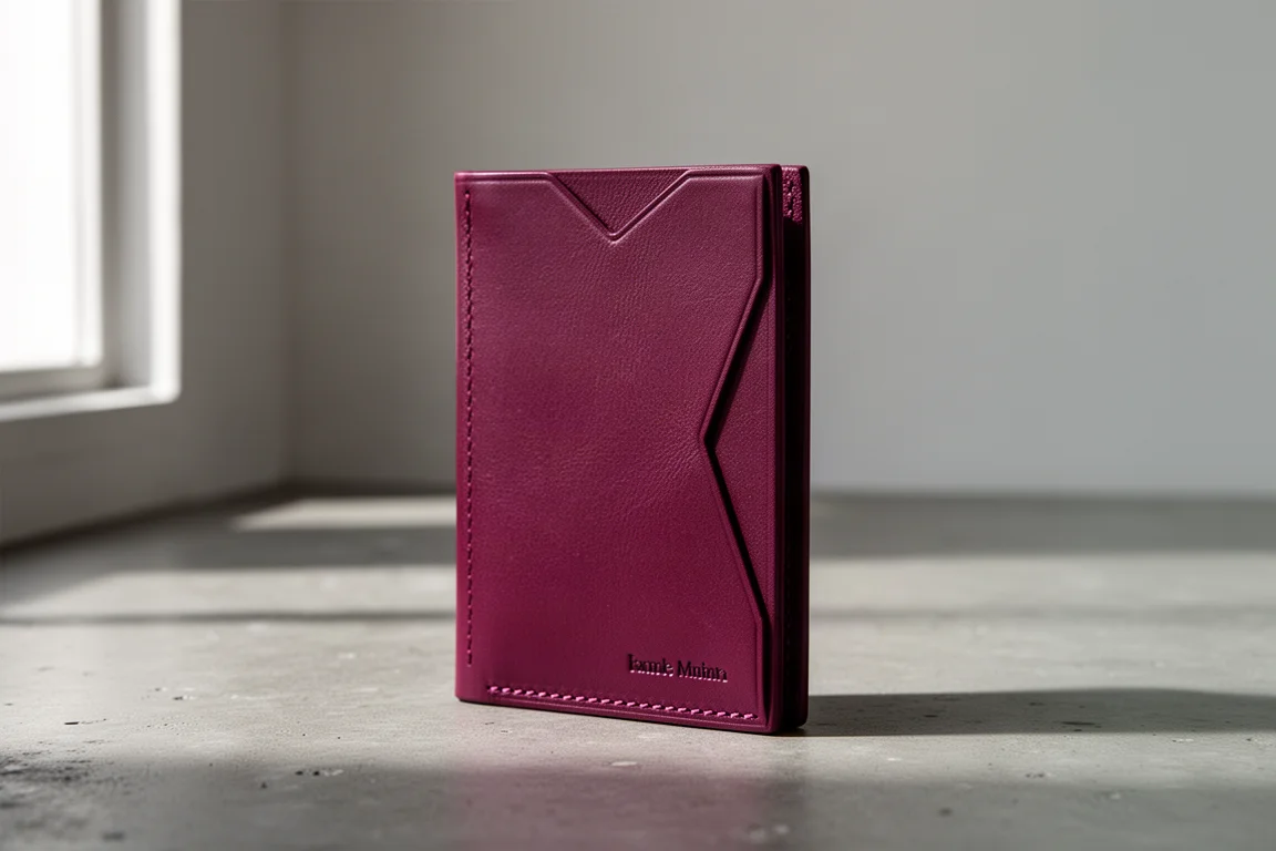 Schlanke minimalistische Brieftasche aus Sangria-Leder steht auf einer Betonoberfläche