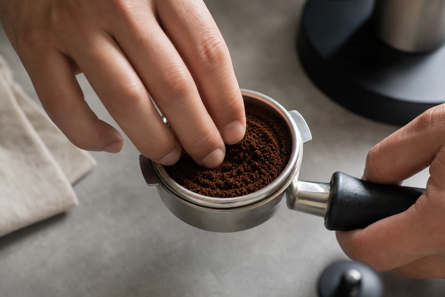Barista hands performing Stockfleth distribution technique on espresso grounds